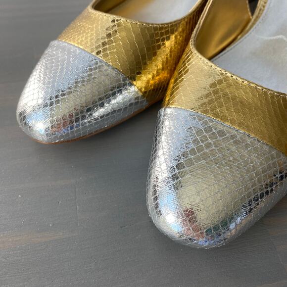 J. Crew Factory Slingback Chunky Heels Women Size 9 Silver Gold Old Money NIB - Picture 3 of 8